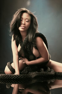 busty black nude model leola bell tied up in rope